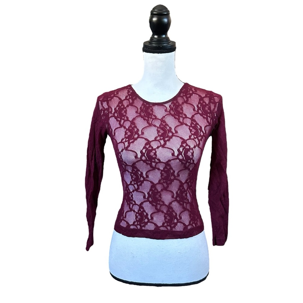 Vintage Morbid Threads Burgundy Floral Mesh Lace Long Sleeve Top 90s Goth Small